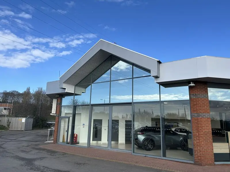 The completed Toyota dealership showroom with its glazed gable