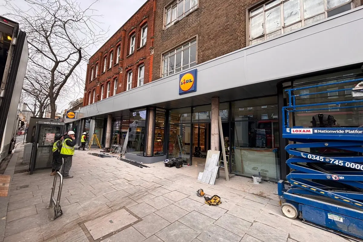The Lidl London shopfront under construction on a high street