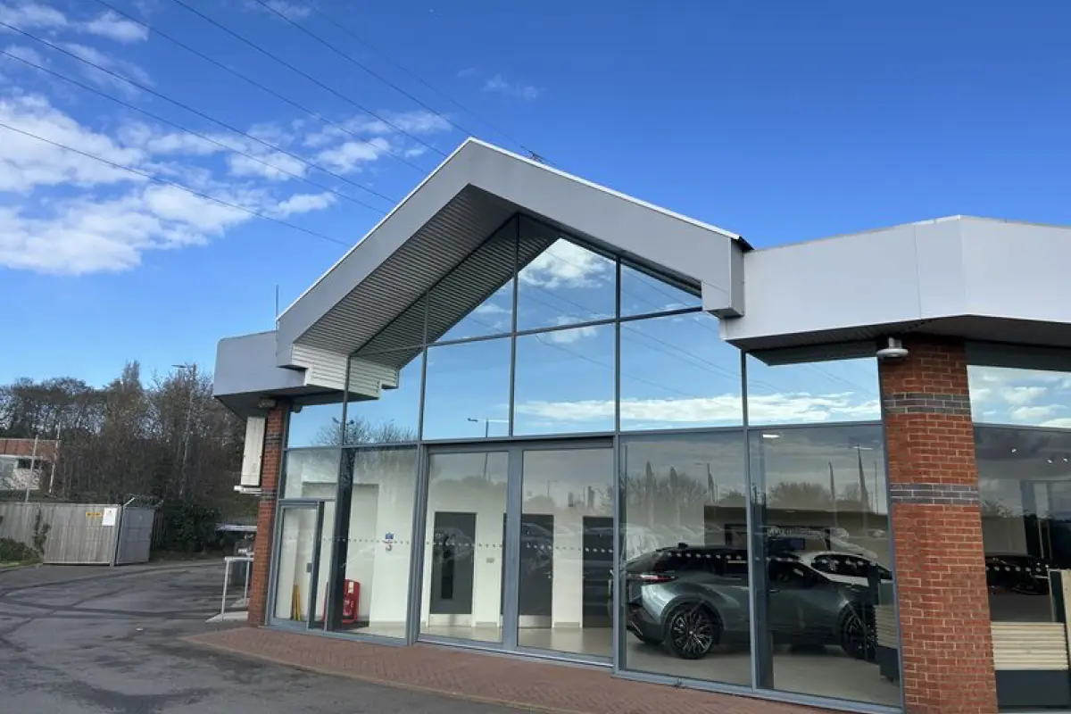 The completed Toyota dealership showroom with its glazed gable